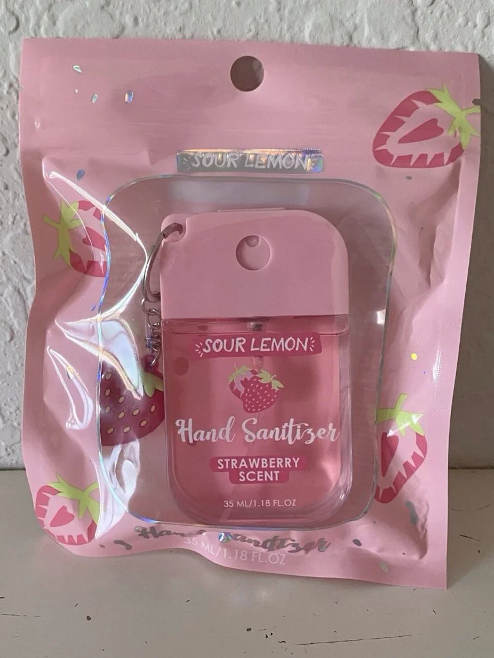 Sour Lemon Scented Hand Sanitizer Spray 1.18 Fl Oz Strawberry Scent W/Charm NEW